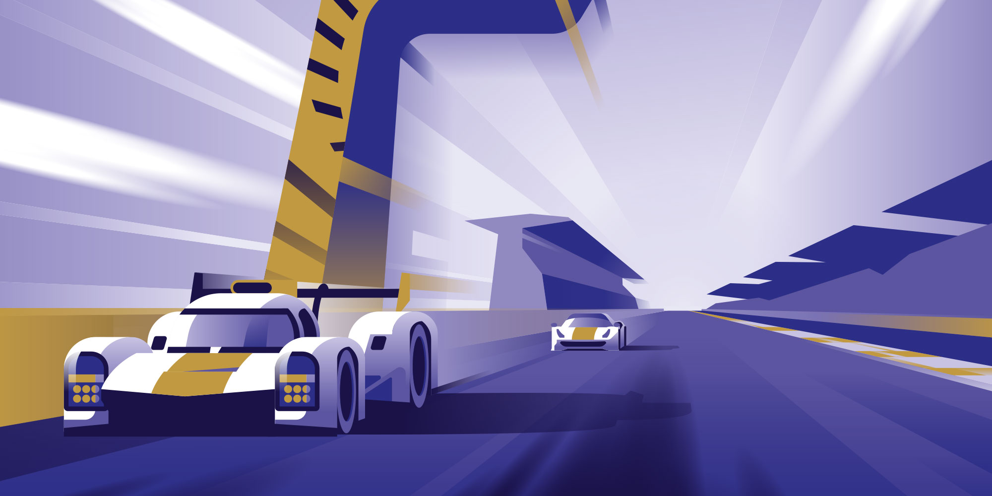 Illustration d'une affiche vintage du départ emblématique des 24 Heures du Mans, légendaire course d'endurance automobile