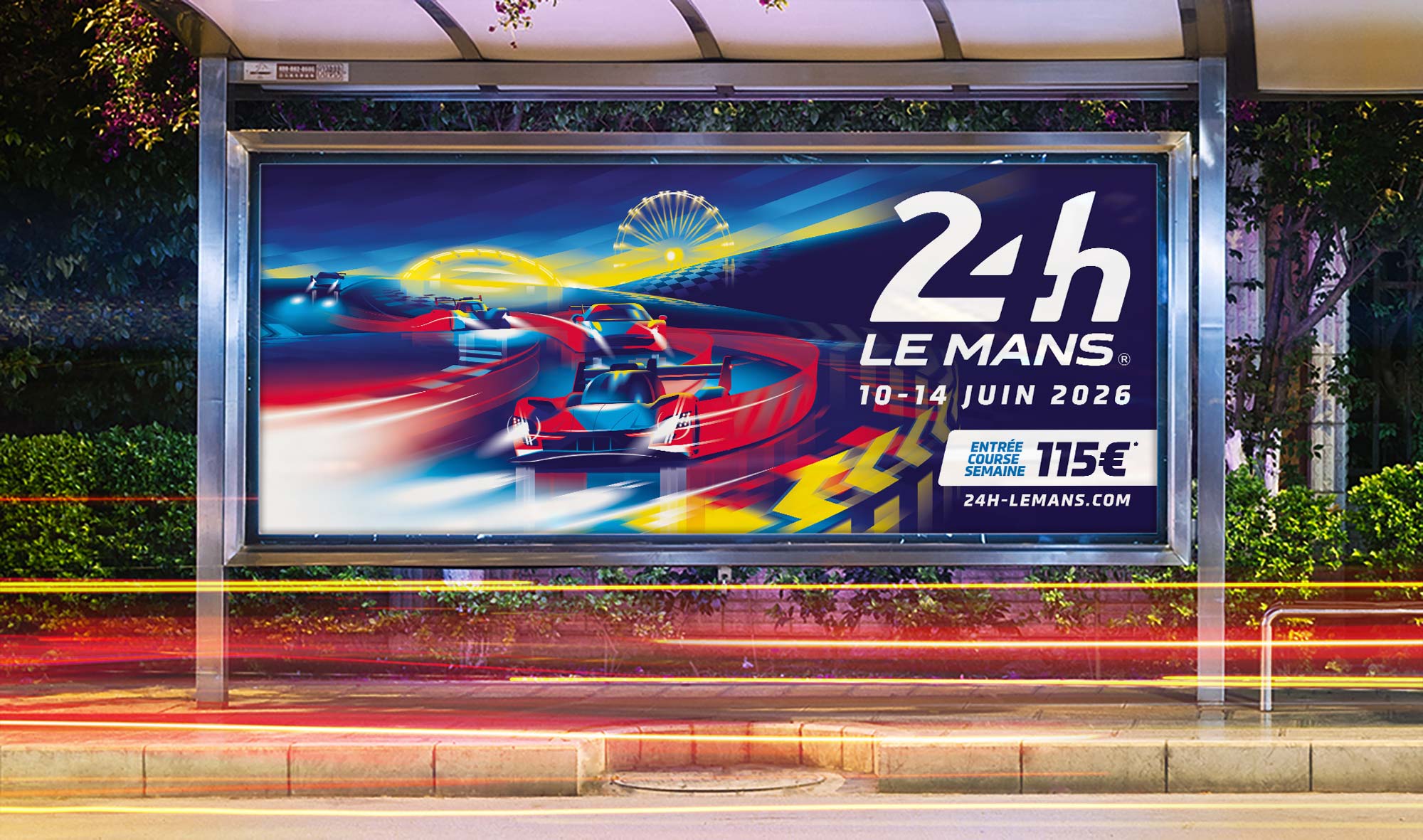 Illustration d'une affiche pour les 24 Heures du Mans 2026, légendaire course d'endurance automobile