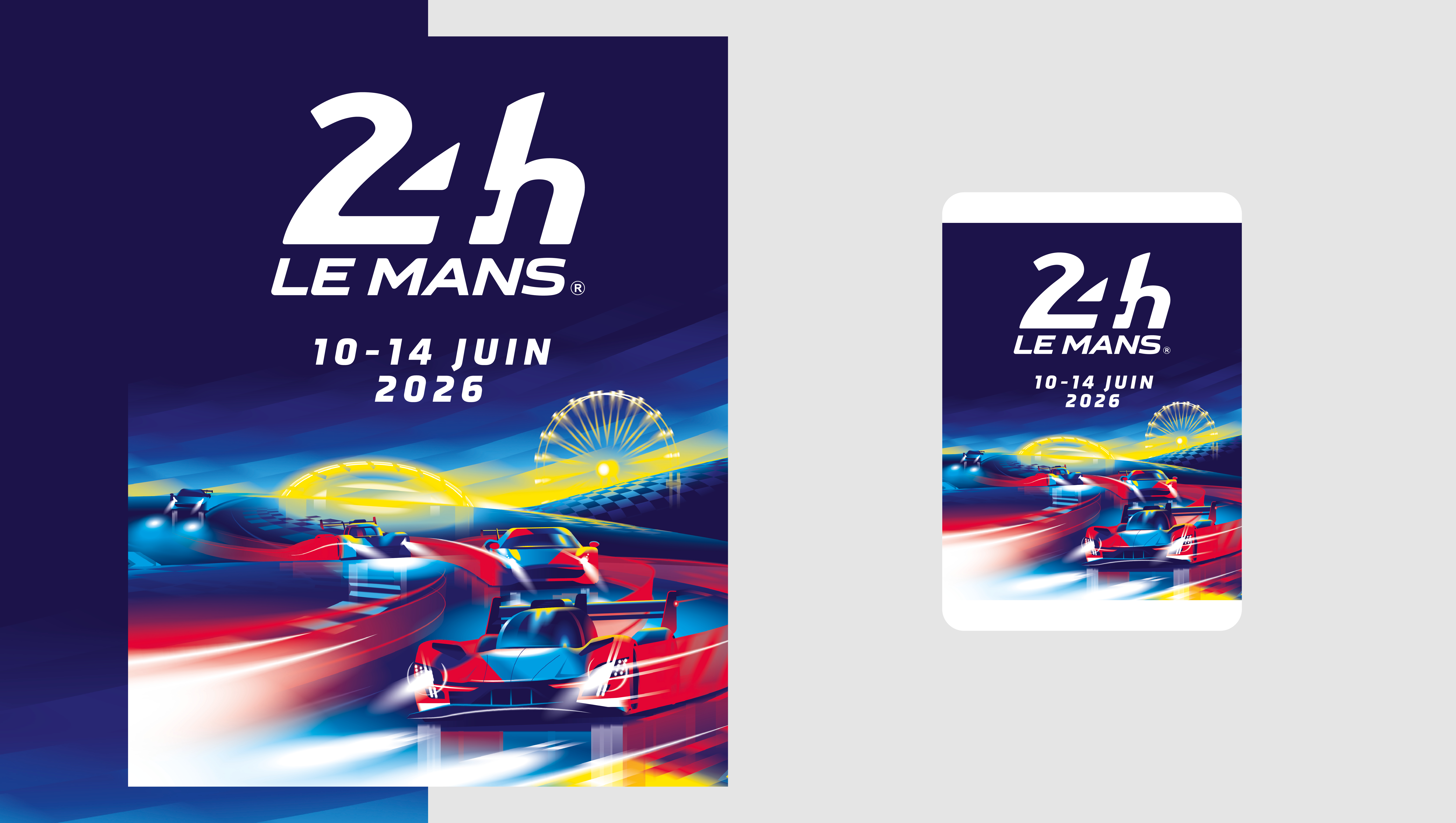 Illustration d'une affiche pour les 24 Heures du Mans 2026, légendaire course d'endurance automobile