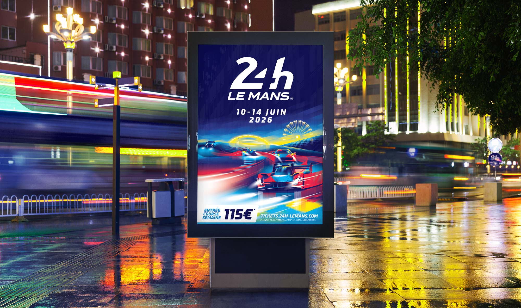 Illustration d'une affiche pour les 24 Heures du Mans 2026, légendaire course d'endurance automobile