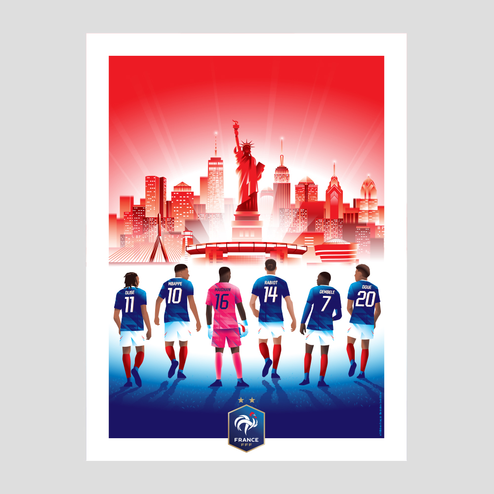 Détail de la skyline fictive de New York, Boston et Philadelphie en arrière-plan de l'affiche de la Coupe du Monde 2026.