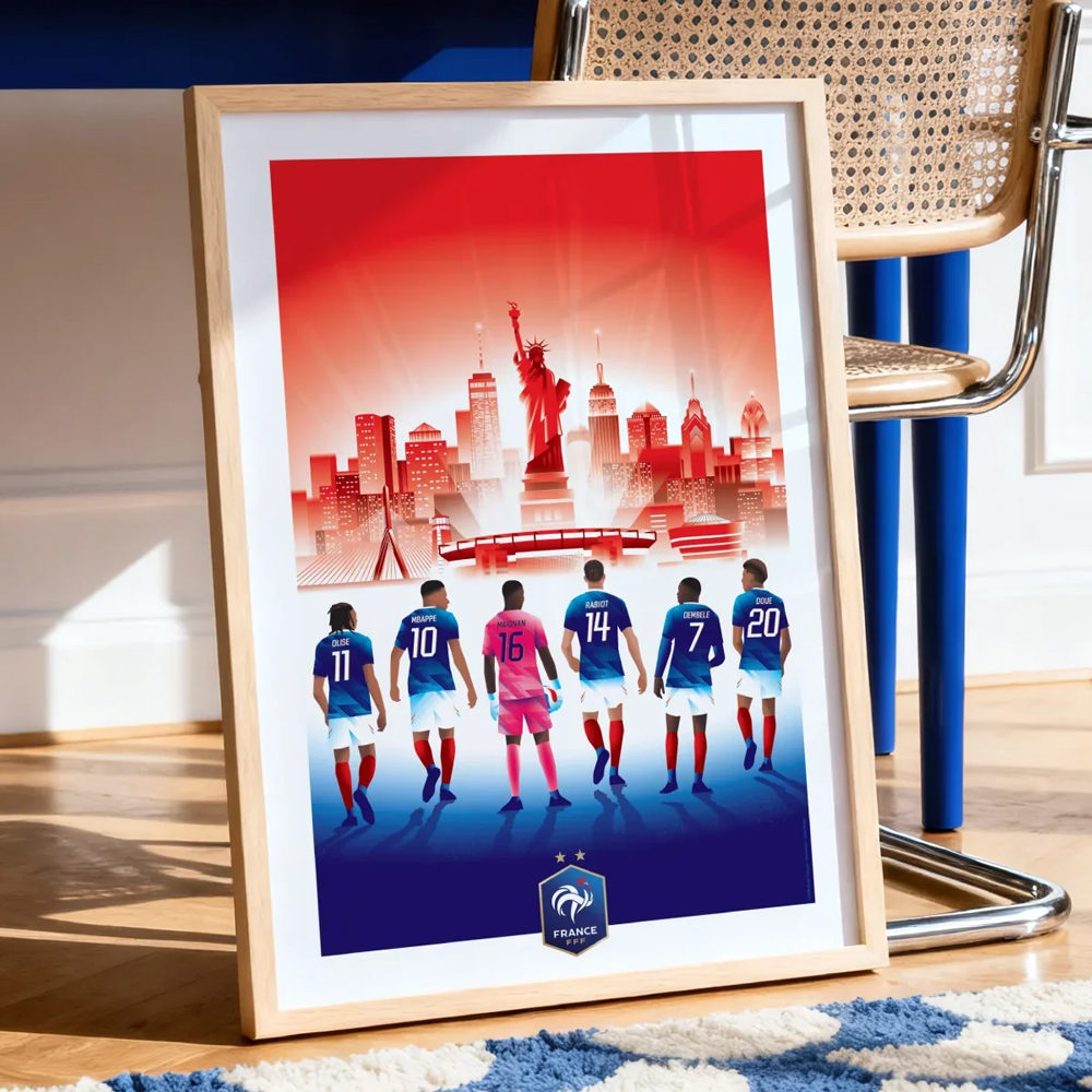 Détail de la skyline fictive de New York, Boston et Philadelphie en arrière-plan de l'affiche de la Coupe du Monde 2026.