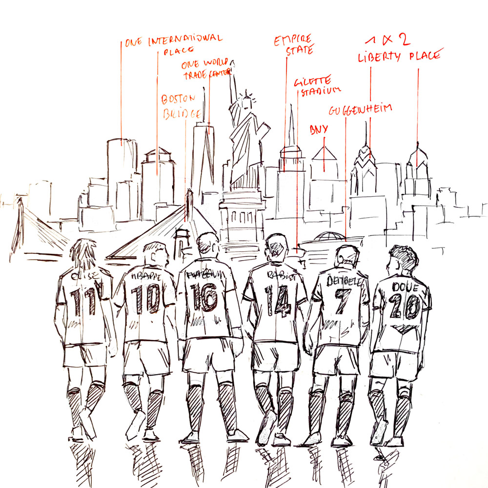 Rough ou croquis préparatoire pour l'illustration de l'affiche de la Coupe du Monde 2026.