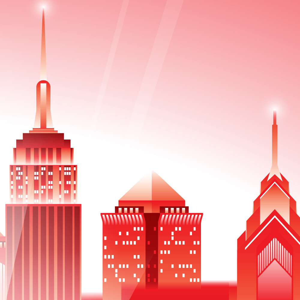 Détail de la skyline fictive de New York, Boston et Philadelphie en arrière-plan de l'affiche de la Coupe du Monde 2026.