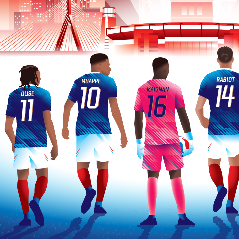 Détail des portraits illustrés des joueurs de l'équipe de France pour l'affiche de la Coupe du Monde 2026.