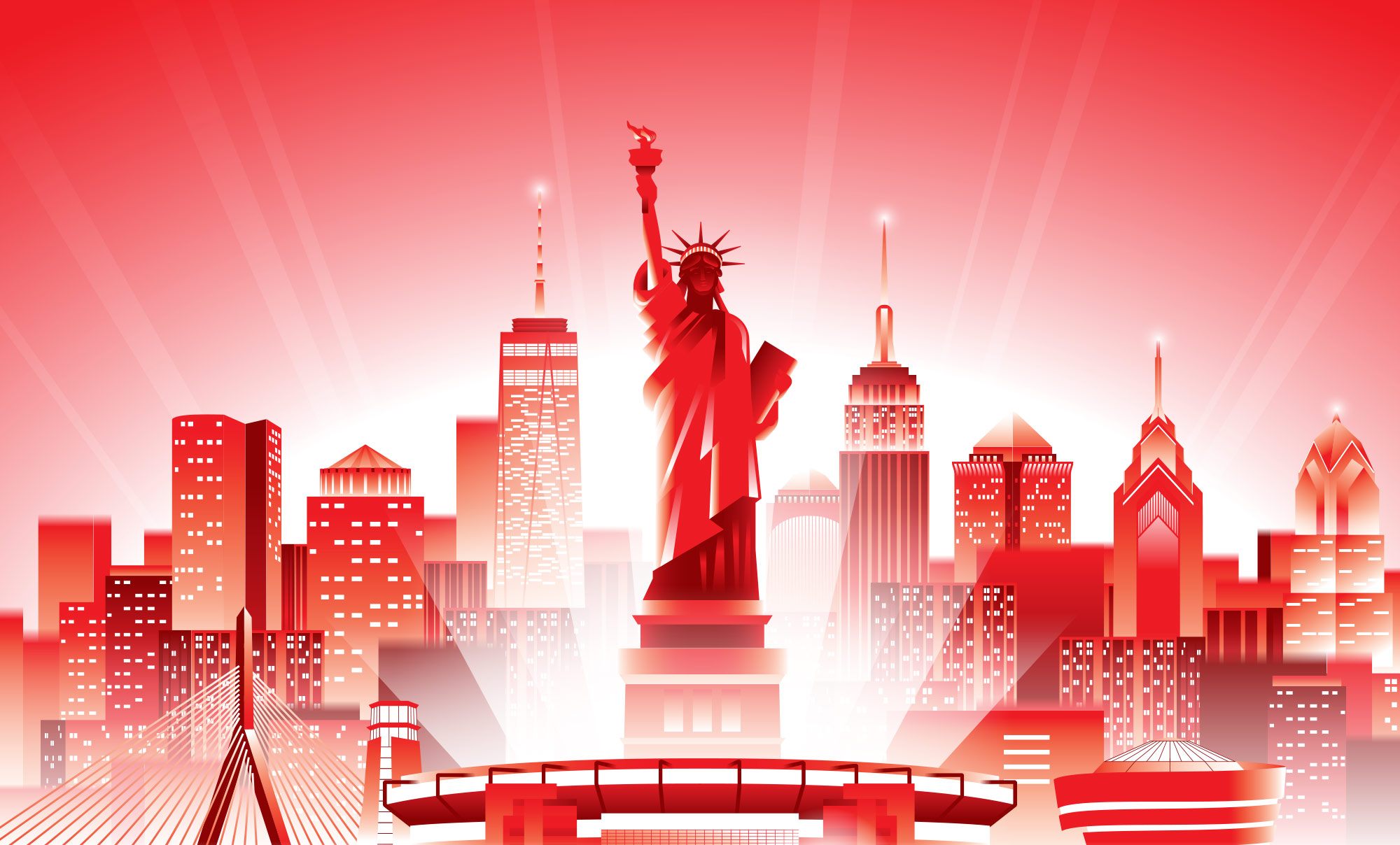 Affiche illustrative de la Coupe du Monde 2026, mettant en scène l'équipe de France de football devant une skyline fictive de New York, Boston et Philadelphie.