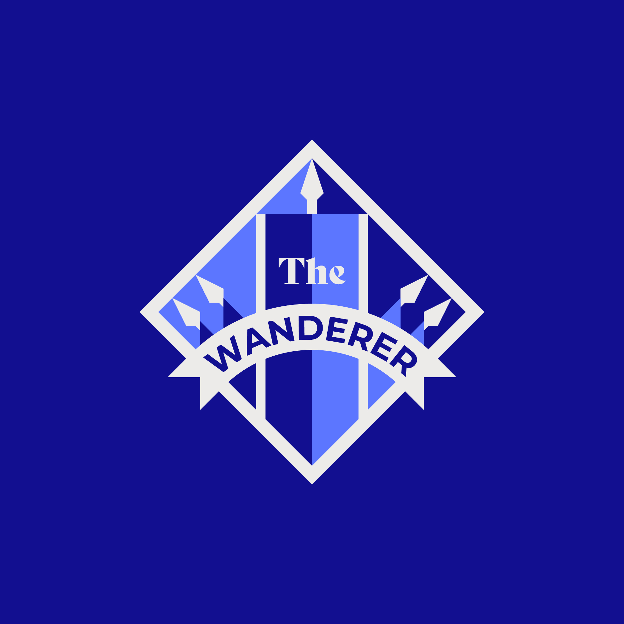 Le logo de 'The Wanderer' pour taverne, représente un chevalier errant à cheval.