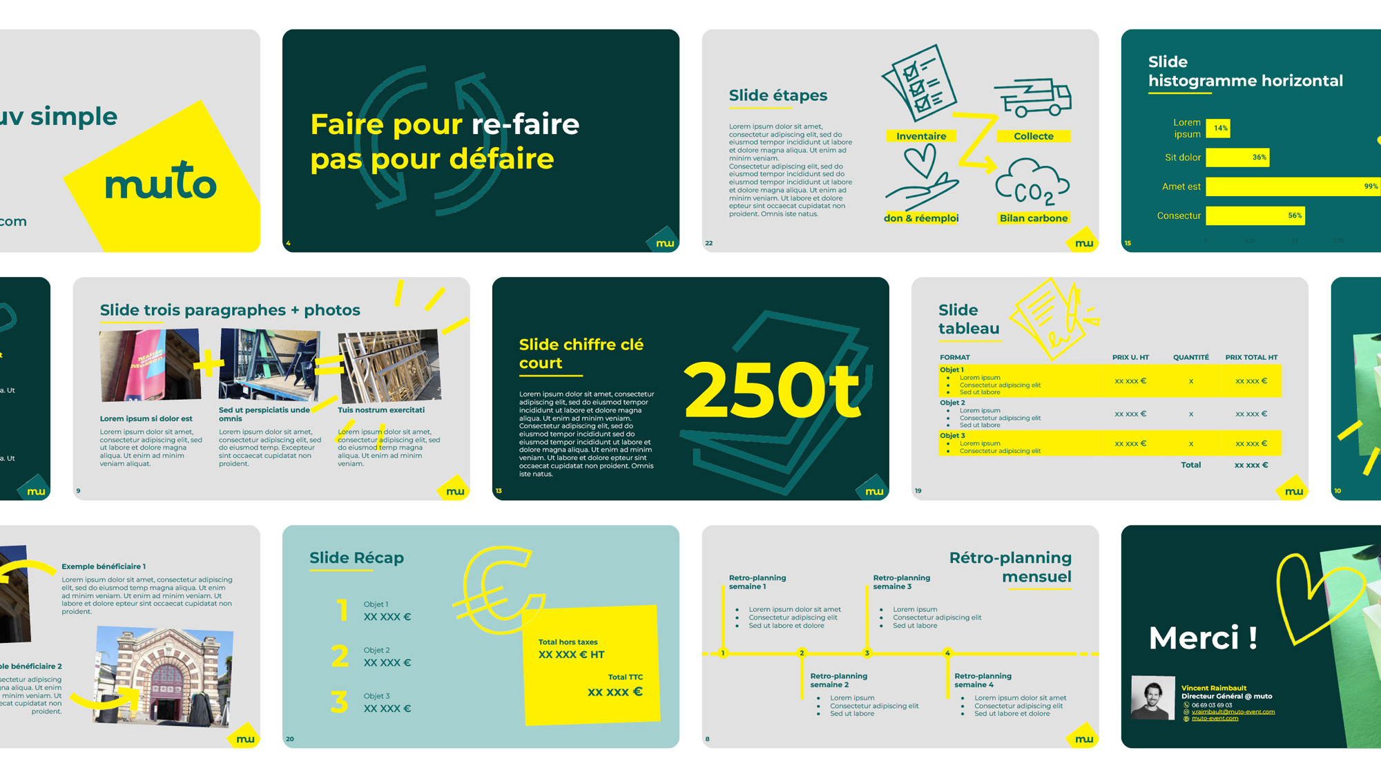 Identité de marque de Muto, experts en réemploi des aménagements événementiels. Cartes de visite