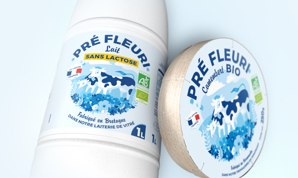 identité de marque produits laitiers Pré Fleuri packshot 3D