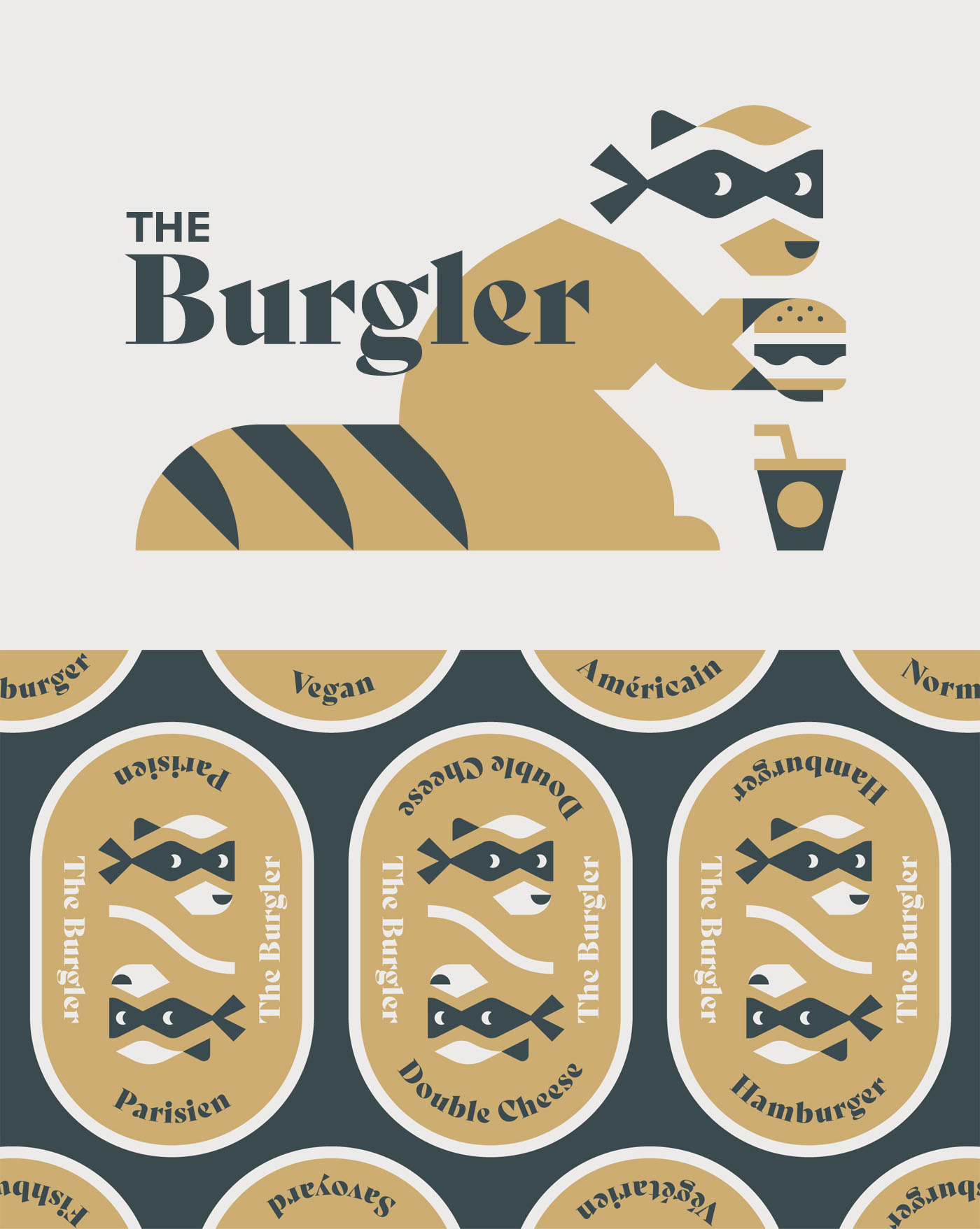 Identité de marque du restaurant The Burgler, fast-food spécialisé en burgers