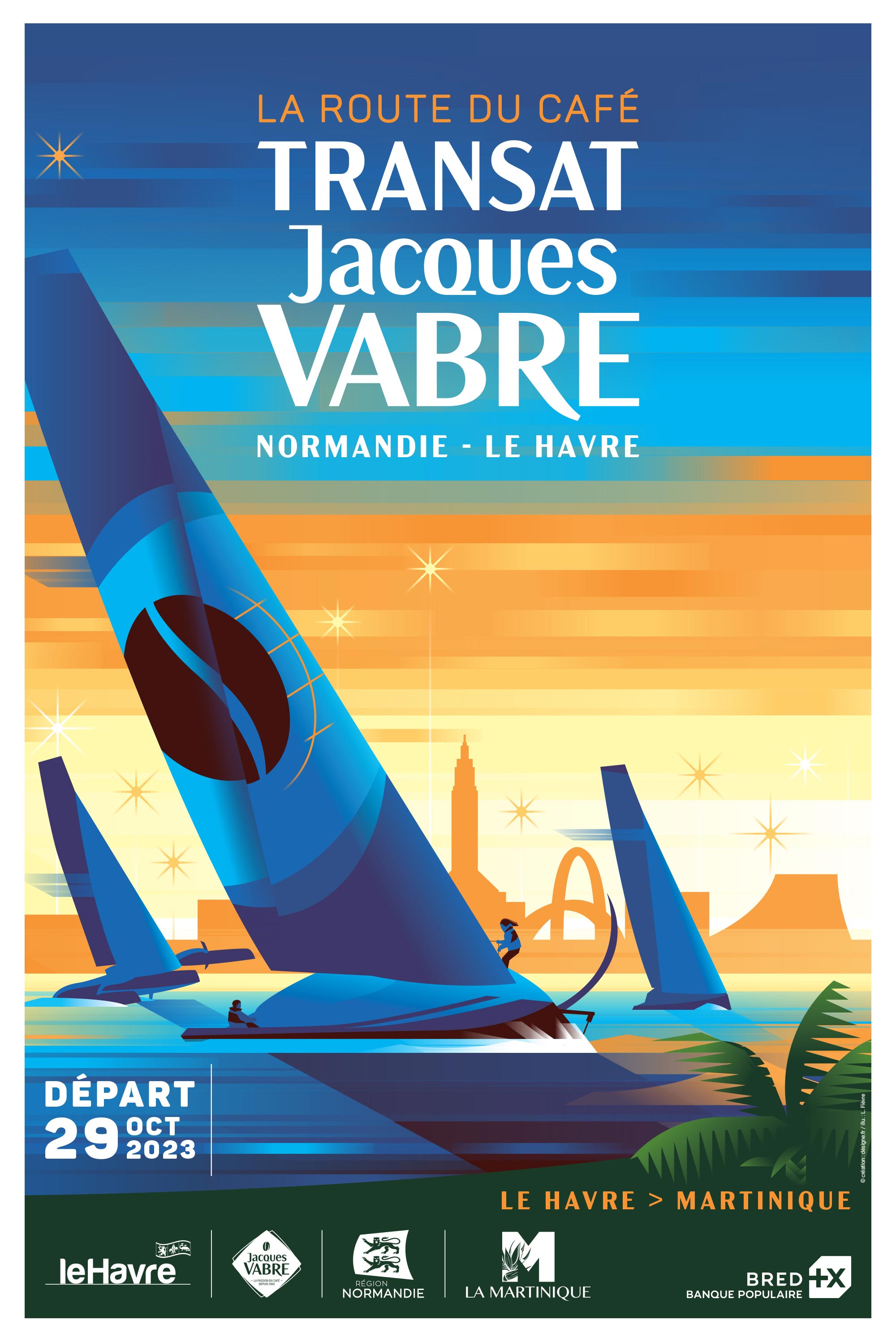 Affiche illustrative de la Transat Jacques Vabre 2023, une prestigieuse course transatlantique en duo de voile partant du Havre pour rejoindre la Martinique.