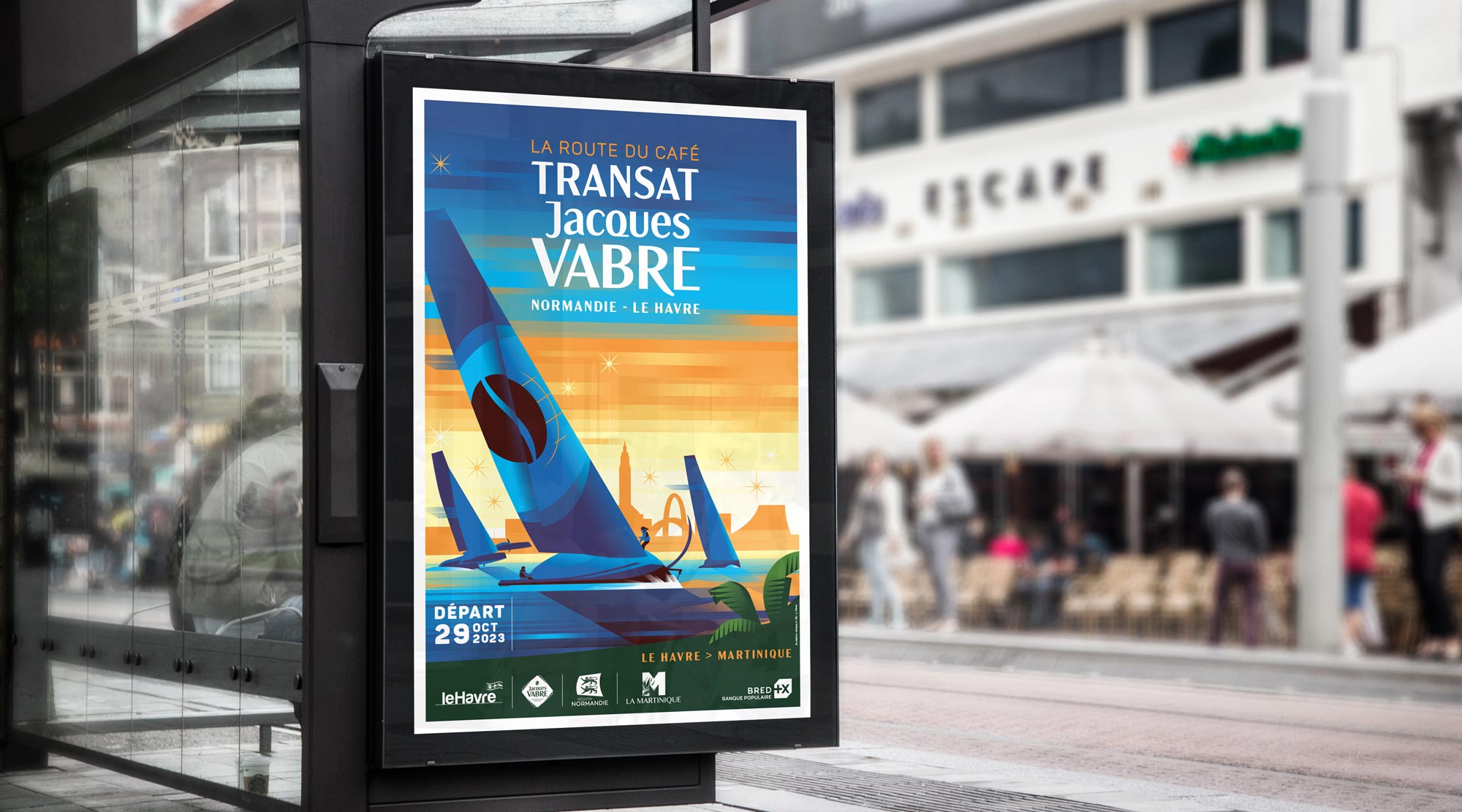 Affiche illustrative de la Transat Jacques Vabre 2023, une prestigieuse course transatlantique en duo de voile partant du Havre pour rejoindre la Martinique.